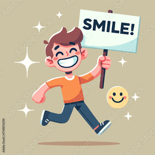 Flat Illustration of Joyful Boy Holding Smile Sign with Smiling Emoji