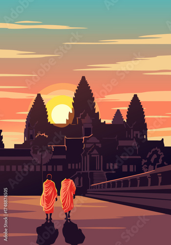 Pixel art showing two monks walking towards temple at sunrise, rendered in warm orange hues beneath a blue sky with wispy clouds, pixelated design of buildings and walkway