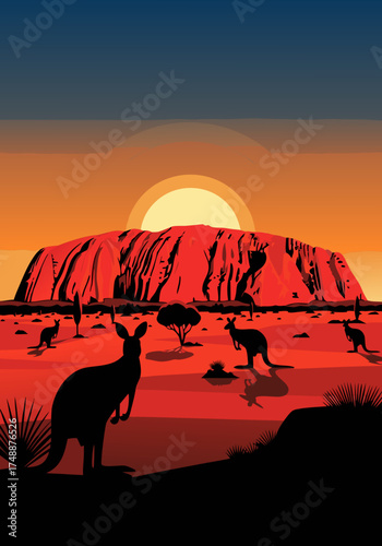 Pixel art depicting the Australian Outback at sunset, highlighting Ayers Rock in silhouette and kangaroos. The color palette features shades of red, orange, and blue