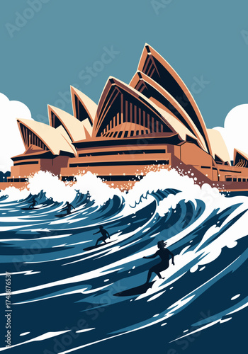 Pixel art of an opera house with surfers riding on waves in front of the building against a clear blue sky. Vector illustration
