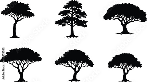  Collection of detailed tree silhouette vector illustrations, natural forest elements for landscape design, nature background, eco art, botanical shapes, and outdoor graphics