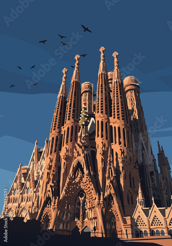 Pixel art style illustration of generic landmark in Barcelona Spain under a cloudy blue sky with flying birds. The building is a famous landmark and architectural sight