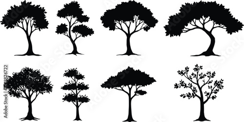  Collection of realistic tree silhouette vector illustrations, natural forest elements for landscape design, botanical art, environment concept, nature background, and outdoor decorative graphics