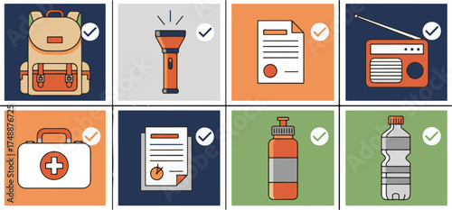 Essential emergency preparedness items vector. Backpack, flashlight, first aid, radio, water, and vital documents checked for disaster readiness and survival safety