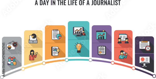Journalism and reporting process concept with colorful flat icons illustrating the news creation workflow and daily tasks