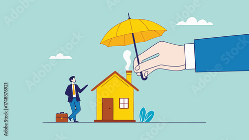 home insurance or homeowners protection, security shield concept, guarantee to protect the house from damage or loss of contents and structure, big businessman hand covers the house and its owner

