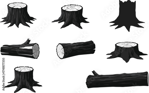  Tree stump and log illustration collection, realistic wood vector art, cut tree design elements, forest timber graphic set for nature artwork