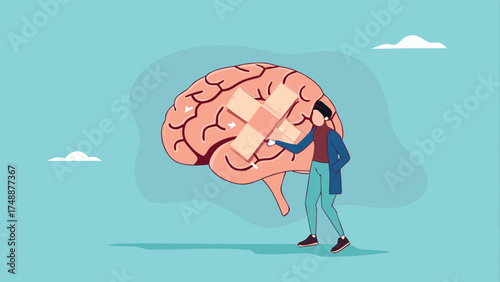 businessman treats Human Brain With Adhesive Plaster, businessman placing bandage on injury, healing or relaxation of the mind

