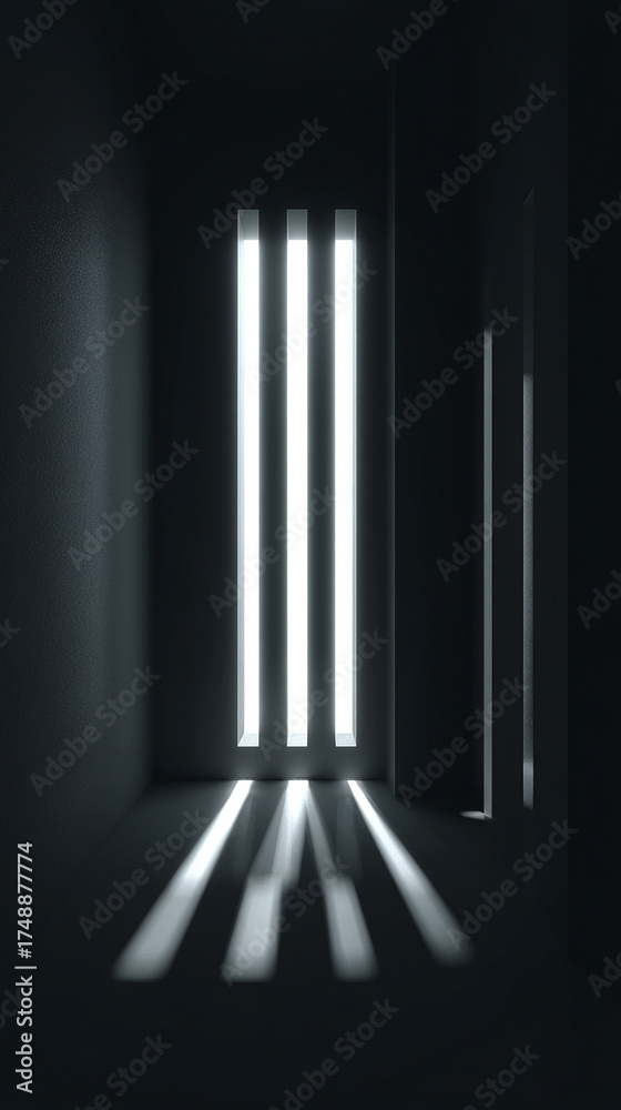 Fototapeta premium A minimalist 3D render of window blinds with bright light streaming through vertical slots, creating clean geometric patterns and a calm, modern atmosphere through light and shadow interplay.