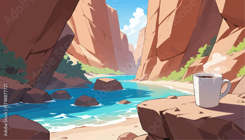 Scenic Canyon River with Coffee Mug on Rocky Shore in Bright Day
