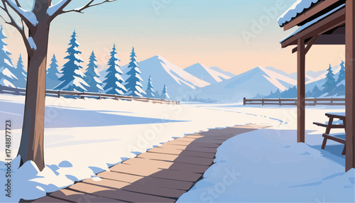Snowy Mountain Landscape with Path and Wooden Shelter in Winter Scene