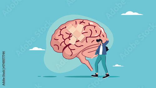 businessman treats Human Brain With Adhesive Plaster, businessman placing bandage on injury, healing or relaxation of the mind

