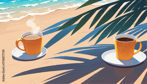 Hot Coffee Cups on Sandy Beach with Ocean Waves and Palm Shadows
