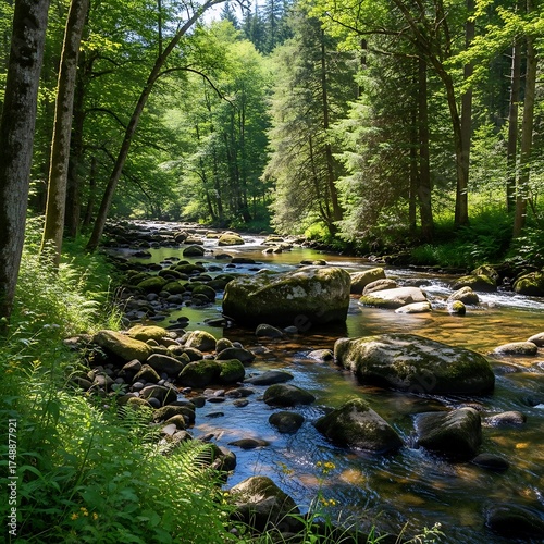 Serene River Flowing Through Lush Green Forest Landscape.