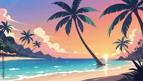Tropical Beach Scene with Palm Trees Sunset Vibrant Colors and Calm Ocean
