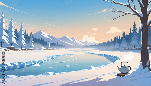 Serene Snowy Landscape with Frozen River and Mountain View in Winter Scene