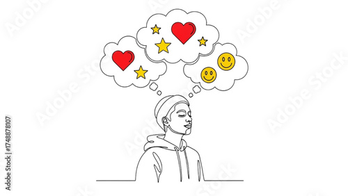 Continuous Line Art of Person with Thought Bubbles Containing Happy Icons, Minimalist Black and White Mental Health and Optimism Illustration