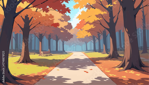 Autumn Forest Path with Colorful Leaves and Tall Trees in Warm Sunlight