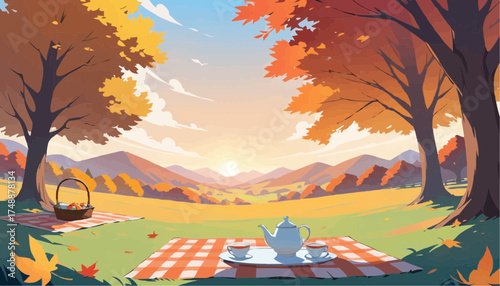 Autumn Park Scene with Teapot and Cups on Picnic Blanket in Nature
