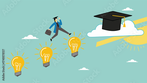 success step to achieve high education with knowledge, way to achieve higher education, journey to graduation, man jump through the light bulb idea towards graduation cap concept vector illustration

