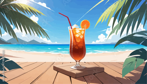 Refreshing Tropical Cocktail with Orange Slice on Beach Deck in Bright Sunlight