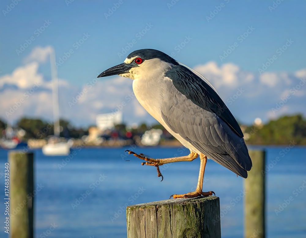 Fototapeta premium A black-crowned night heron perches gracefully on a weathered wooden dock post, its profile highlighted against a backdrop of tranquil water and a hazy sky.