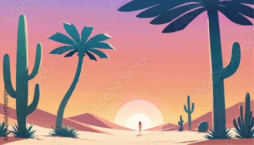 Desert Landscape with Tall Cacti and Palm Trees at Sunset in Warm Colors