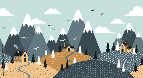 A charming pixel art landscape featuring cozy cabins nestled among rolling hills and snow-capped mountains.