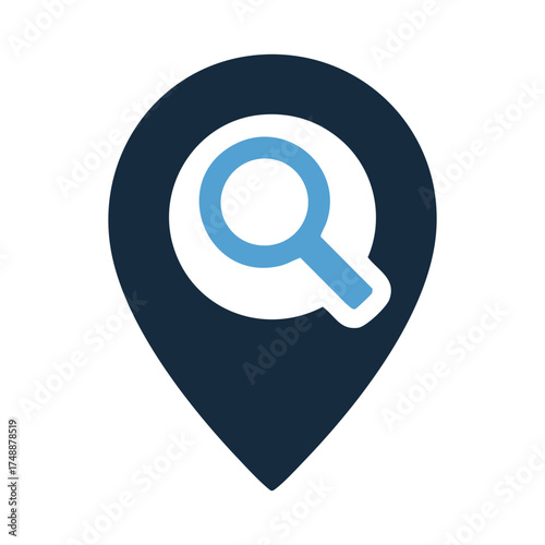 Location search icon pin with magnifying glass symbol for navigation and discovery
