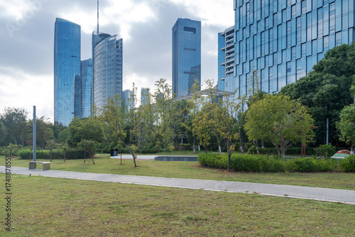 Photography city park with modern building background in shanghai