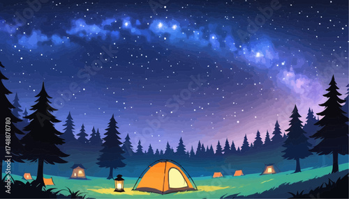 Night Camping Scene in Forest Under Starry Sky with Orange Tent and Lanterns
