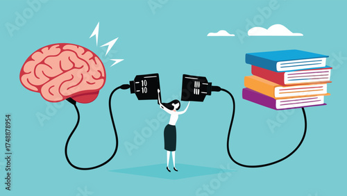 read books to learn new lessons, literature or intelligence information, improve literacy and numeracy skills, woman connect plug with stack of book with human brain concept vector illustration

