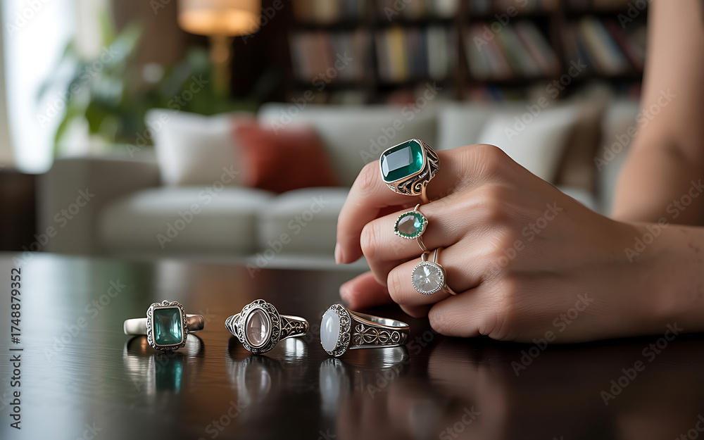 Fototapeta premium Elegant gemstone rings showcase luxury jewelry design, perfect for sophisticated style and glamorous fashion statements, adding sparkle and beauty to any look