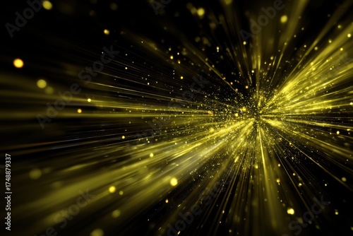 Abstract data stream explosion with electric yellow and black lines, particles dissolving into foreground, high-velocity motion blur, technology and network concept