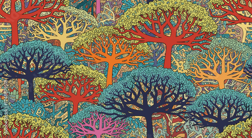 A vibrant and abstract forest with a multitude of colorful and intricate trees.