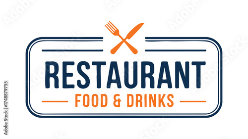 Classic restaurant food drinks logo with crossed utensils and rectangular border design