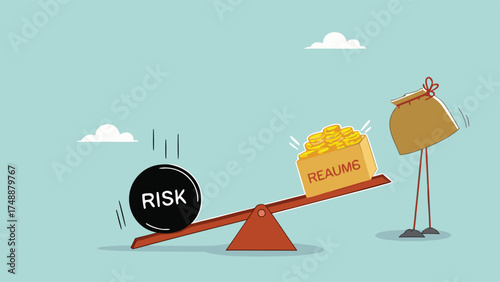 high risk high return business investment concept illustration, investor risk appetite in securities and investment asset to get high reward, The weight on seesaw creates a box of dollar prize money

