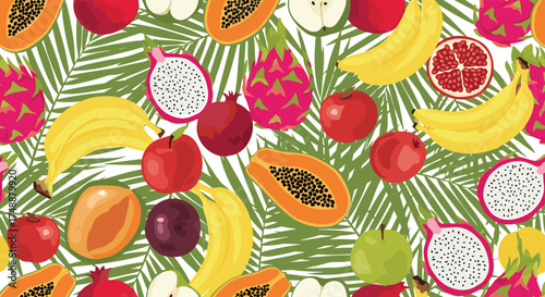 A vibrant collection of exotic and common fruits scattered amongst lush green palm leaves creating a tropical paradise.