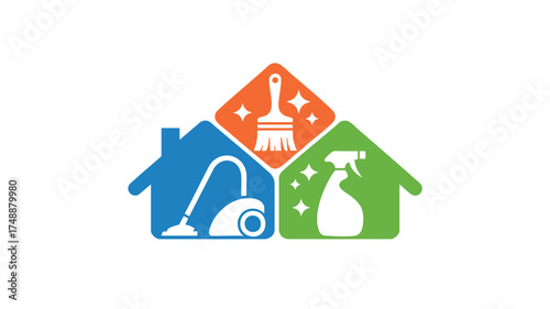 Professional house cleaning service logo with house and tools for home care