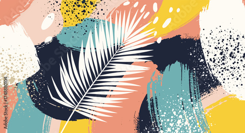 A vibrant abstract artistic background with brush strokes and a tropical leaf.