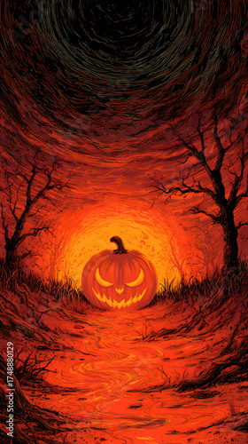 Halloween Night Background with Scary Pumpkins and Moon