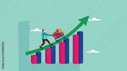 food price inflation, Inflation causing grocery price rising up, food or economic crisis that causes food prices rising up, Businessman push shopping carts filled with food items up the price chart

