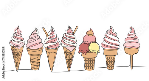 A delightful collection of soft serve ice cream cones in various delightful presentations and flavors.