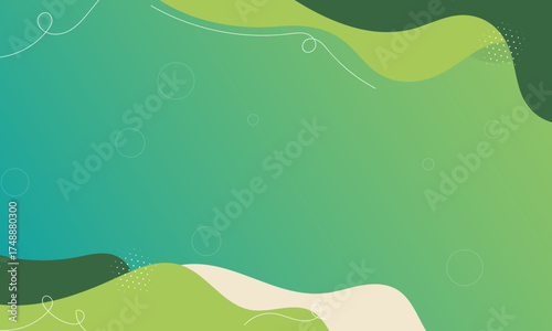 Organic Green Fluid Wave Background — Smooth teal-to-green gradient with organic curves and subtle doodle accents, ideal as a clean, versatile backdrop for modern designs