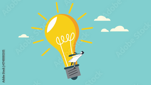 looking for business opportunities with knowledge, creative idea to see business opportunity, businesswoman riding a light bulb-shaped hot air balloon to observe business opportunities

