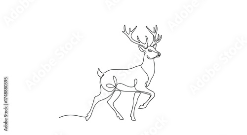 An artistic line drawing of a majestic stag with impressive antlers in a dynamic pose.
