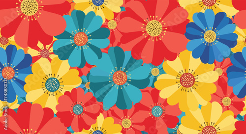 A vibrant and colorful pattern of stylized flowers in full bloom covers the entire image.
