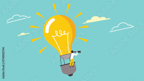 looking for business opportunities with knowledge, creative idea to see business opportunity, businesswoman riding a light bulb-shaped hot air balloon to observe business opportunities

