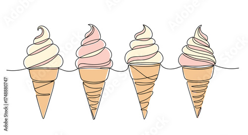 A row of four ice cream cones with swirled soft serve is shown connected by dashed lines.