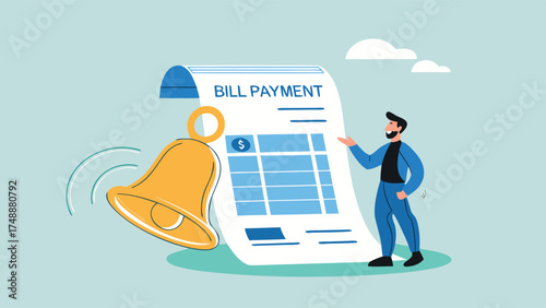 bill payment, shopping costs or credit card payments, financial service to pay for transaction, bill payment reminder concept, businessman with bill payment paper and notification bell

